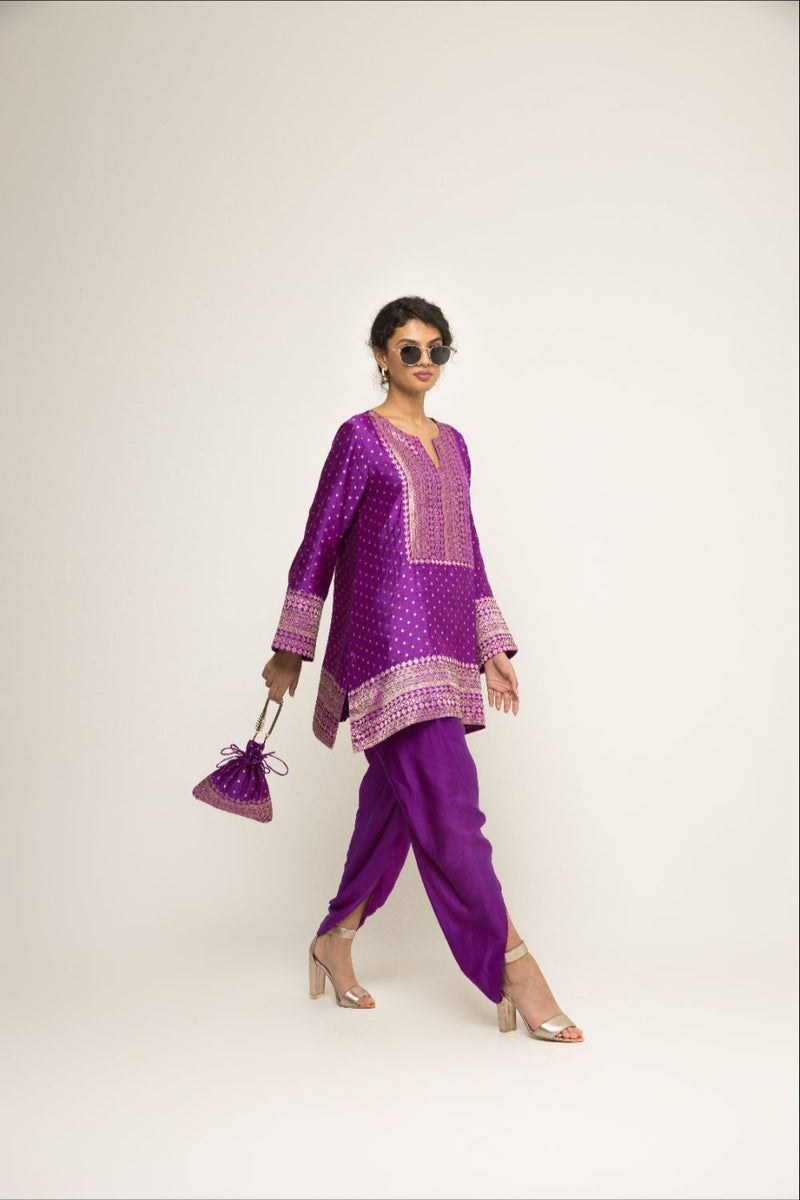 Tara- Dotted Brocade Detail Silk Kurta With Dhoti Set - Purple silk by SOBARIKO in purple color for women Worldwide