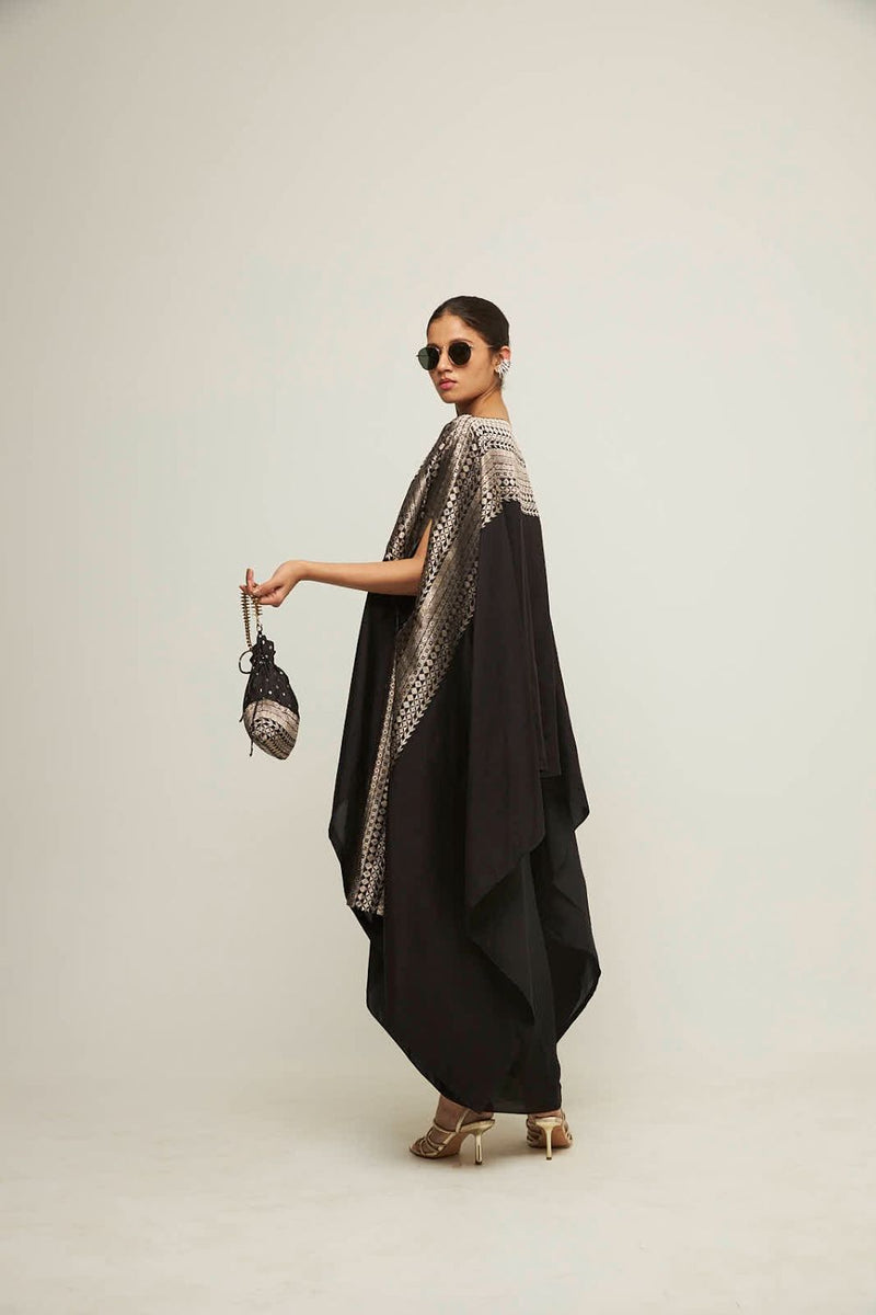 Devi-Statement Silk Cape With Broacade Detail And Skirt Set - Black silk by SOBARIKO in black color for women Worldwide