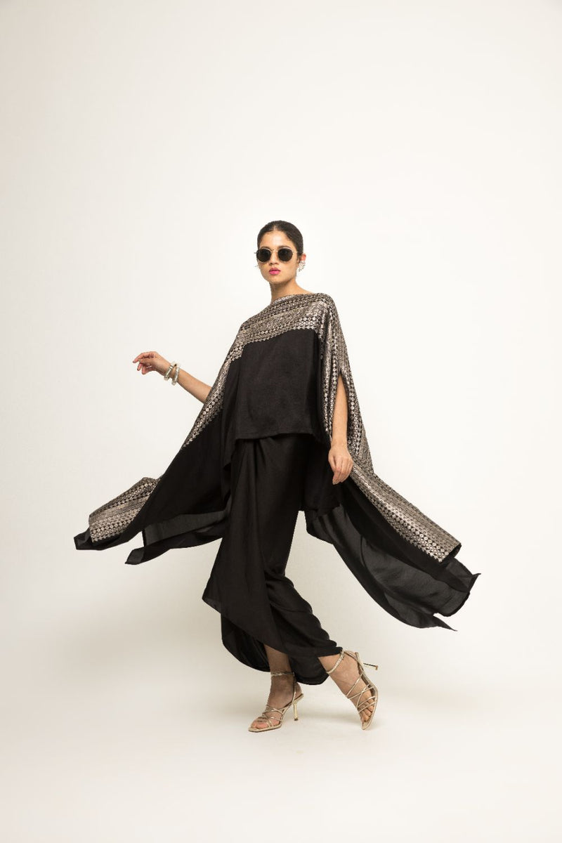 Devi-Statement Silk Cape With Broacade Detail And Skirt Set - Black silk by SOBARIKO in black color for women Worldwide