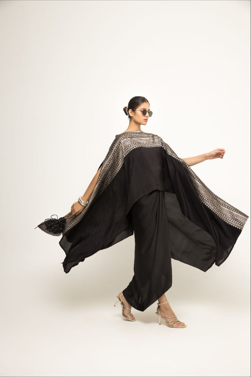 Devi-Statement Silk Cape With Broacade Detail And Skirt Set - Black silk by SOBARIKO in black color for women Worldwide