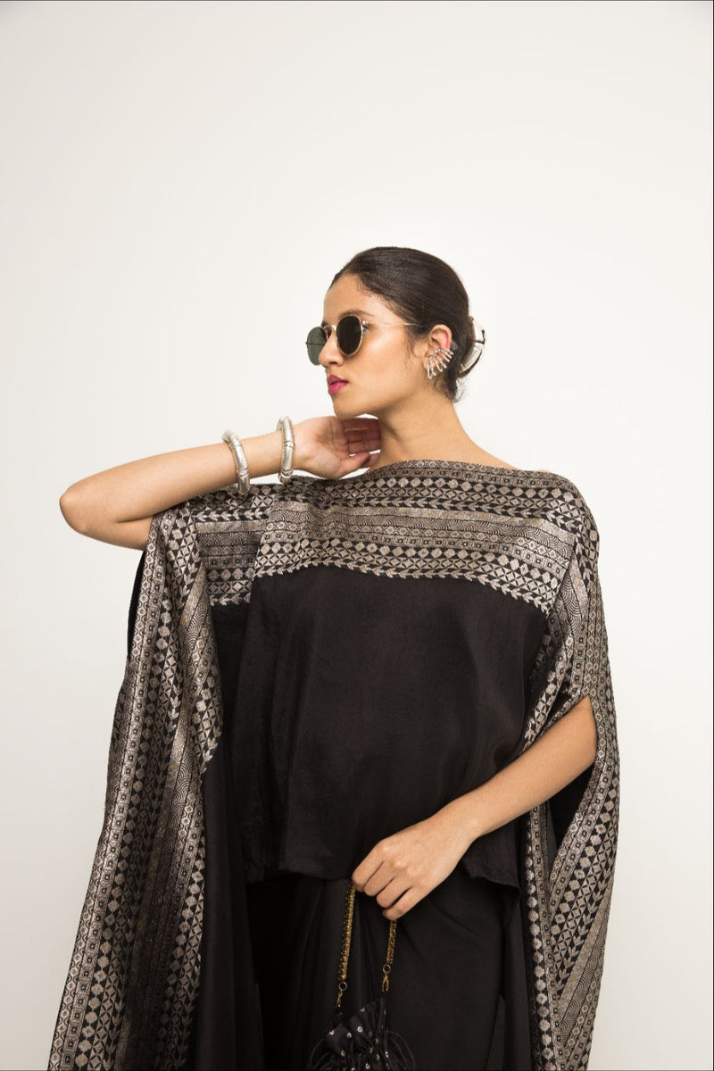 Devi-Statement Silk Cape With Broacade Detail And Skirt Set - Black silk by SOBARIKO in black color for women Worldwide