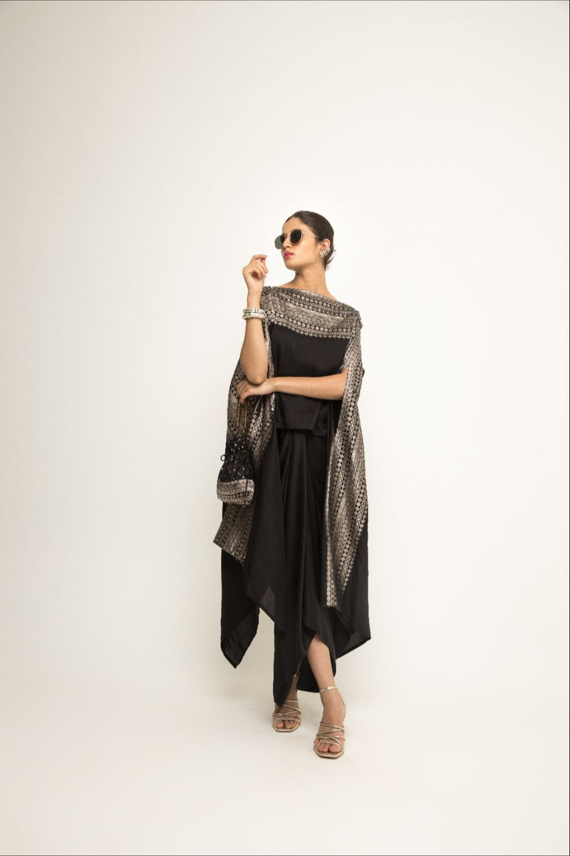 Devi-Statement Silk Cape With Broacade Detail And Skirt Set - Black silk by SOBARIKO in black color for women Worldwide