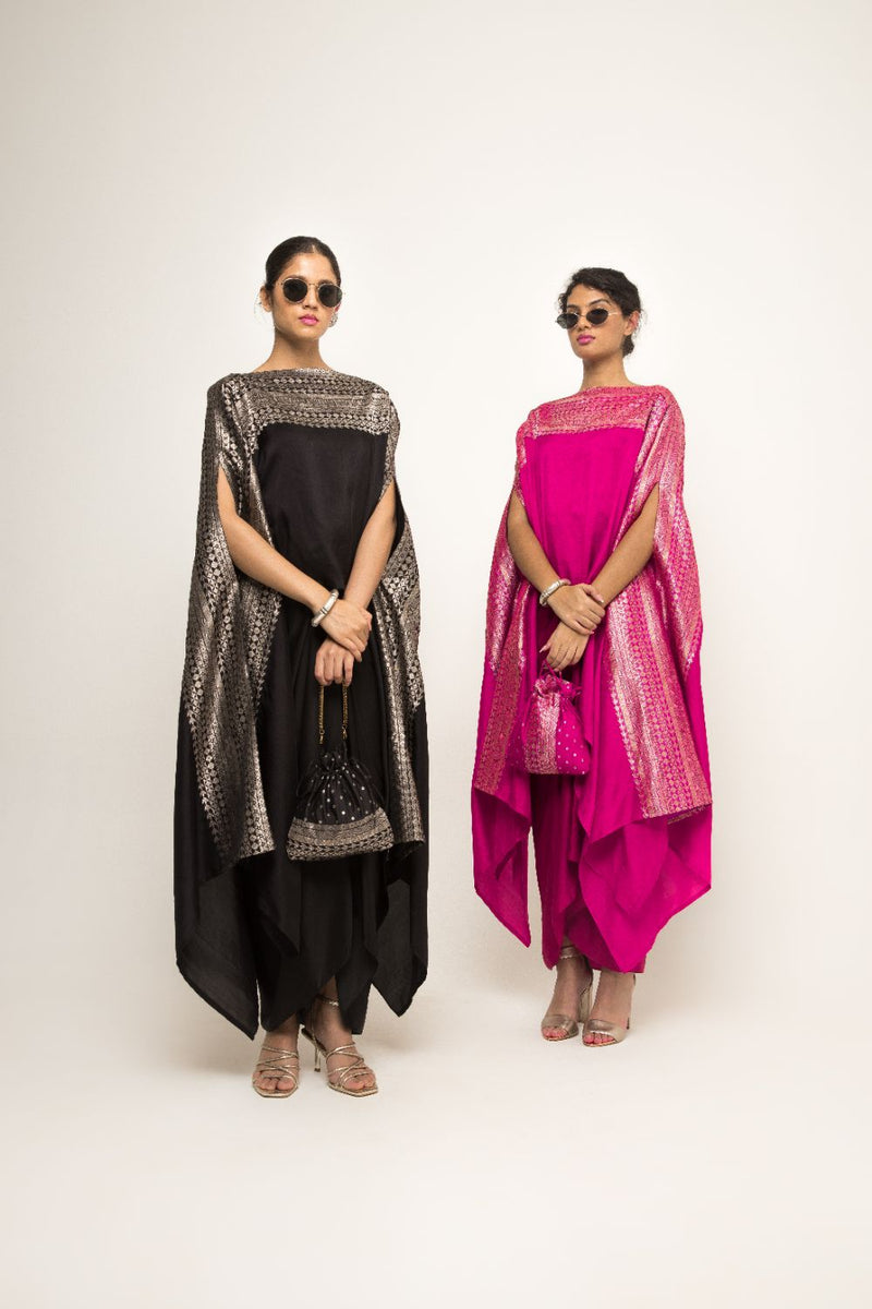 Devi-Statement Silk Cape With Broacade Detail And Skirt Set - Black silk by SOBARIKO in black color for women Worldwide
