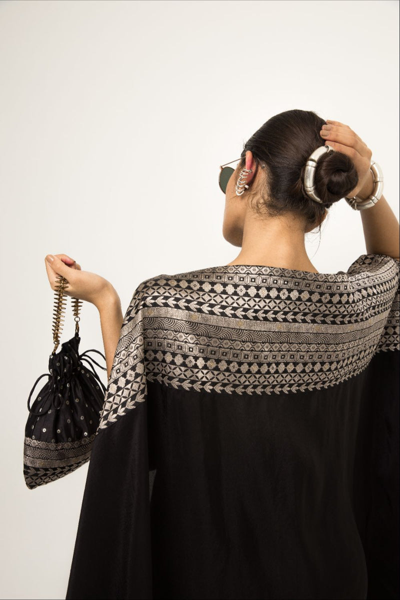 Devi-Statement Silk Cape With Broacade Detail And Skirt Set - Black silk by SOBARIKO in black color for women Worldwide