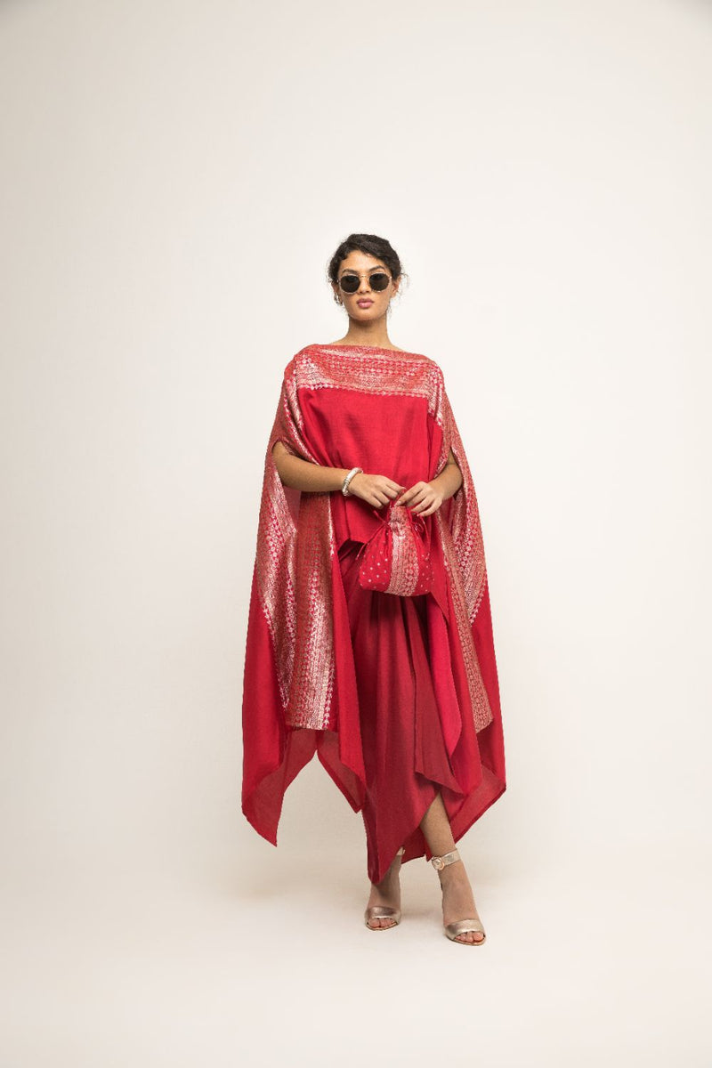 Devi-Statement Silk Cape With Broacade Detail And Skirt Set - Red silk by SOBARIKO in red color for women Worldwide