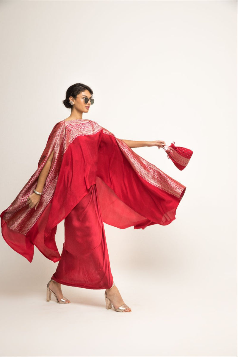 Devi-Statement Silk Cape With Broacade Detail And Skirt Set - Red silk by SOBARIKO in red color for women Worldwide