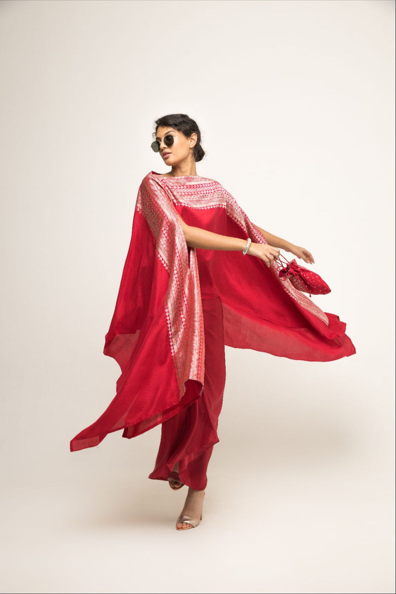 Devi-Statement Silk Cape With Broacade Detail And Skirt Set - Red silk by SOBARIKO in red color for women Worldwide