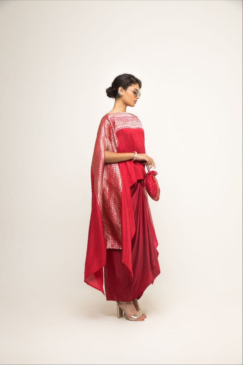 Devi-Statement Silk Cape With Broacade Detail And Skirt Set - Red silk by SOBARIKO in red color for women Worldwide