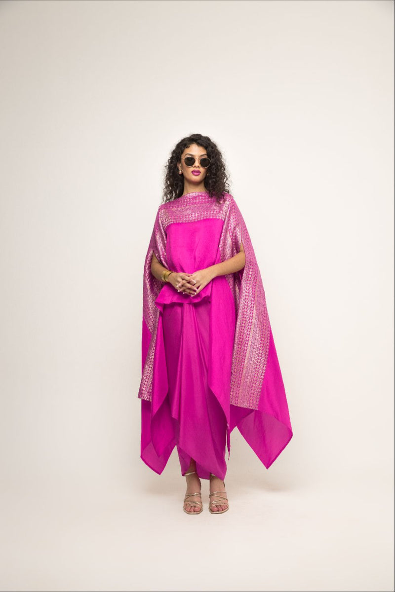 Devi-Statement Silk Cape With Broacade Detail And Skirt Set - Pink silk by SOBARIKO in pink color for women Worldwide