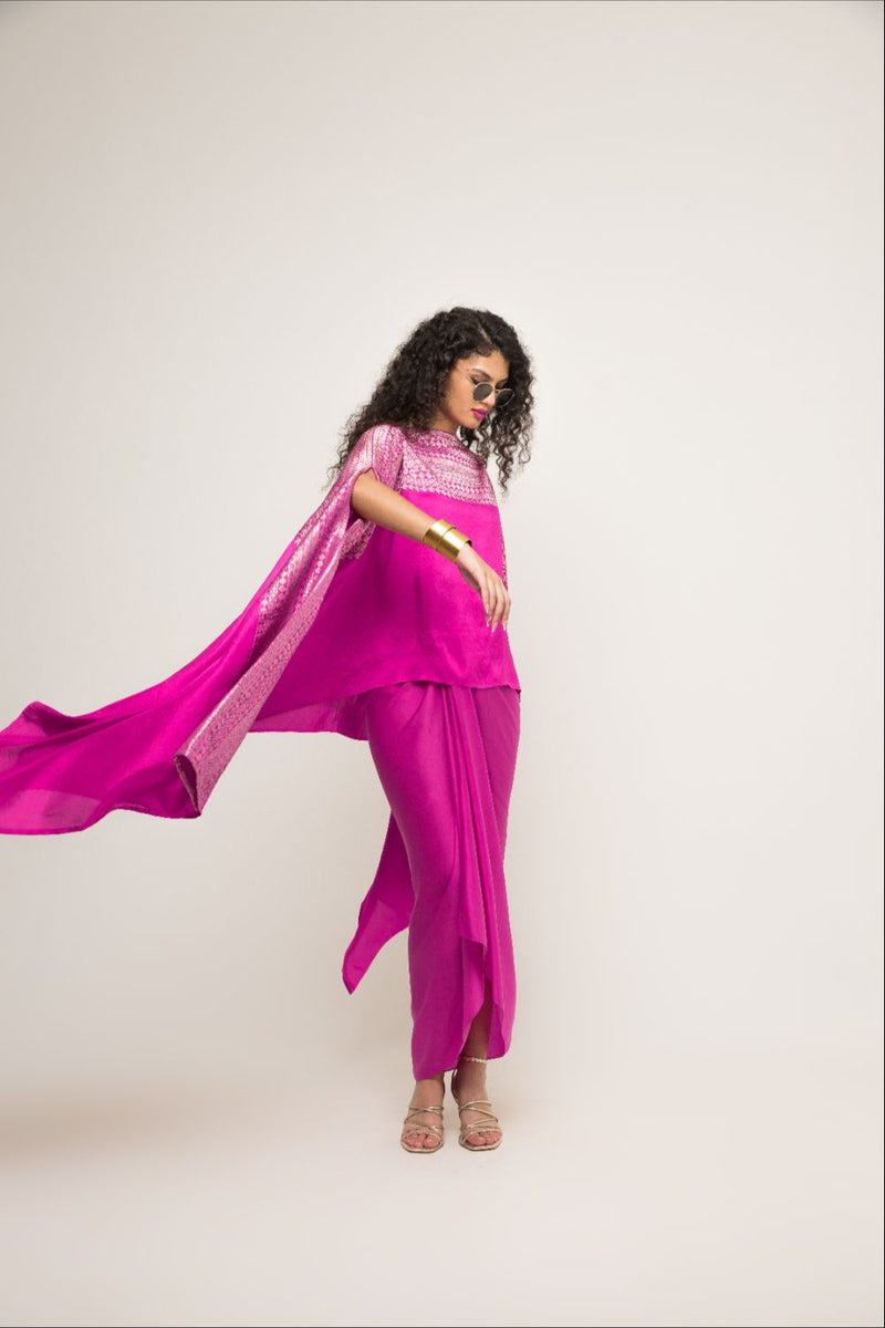 Devi-Statement Silk Cape With Broacade Detail And Skirt Set - Pink silk by SOBARIKO in pink color for women Worldwide