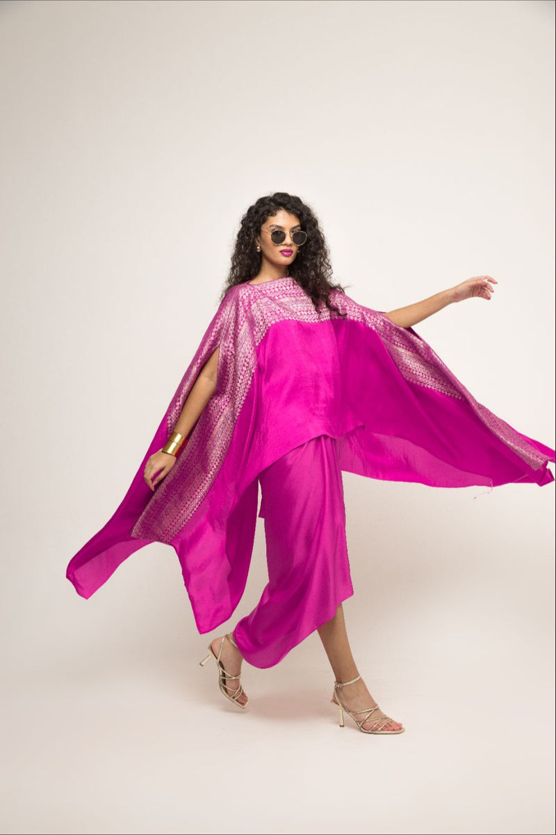 Devi-Statement Silk Cape With Broacade Detail And Skirt Set - Pink silk by SOBARIKO in pink color for women Worldwide