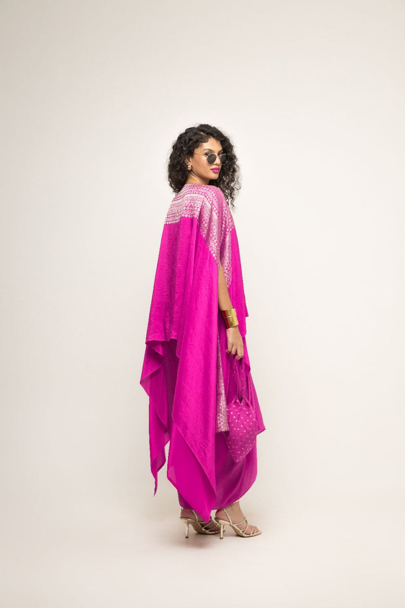 Devi-Statement Silk Cape With Broacade Detail And Skirt Set - Pink silk by SOBARIKO in pink color for women Worldwide