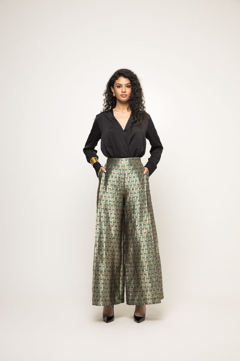 Statement Metallic Brocade Pant Set - Green Gold silk by SOBARIKO in green color for women Worldwide