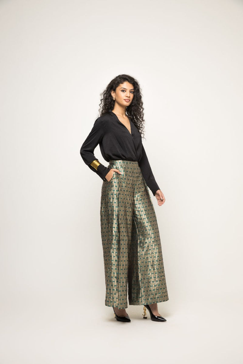 Statement Metallic Brocade Pant Set - Green Gold silk by SOBARIKO in green color for women Worldwide