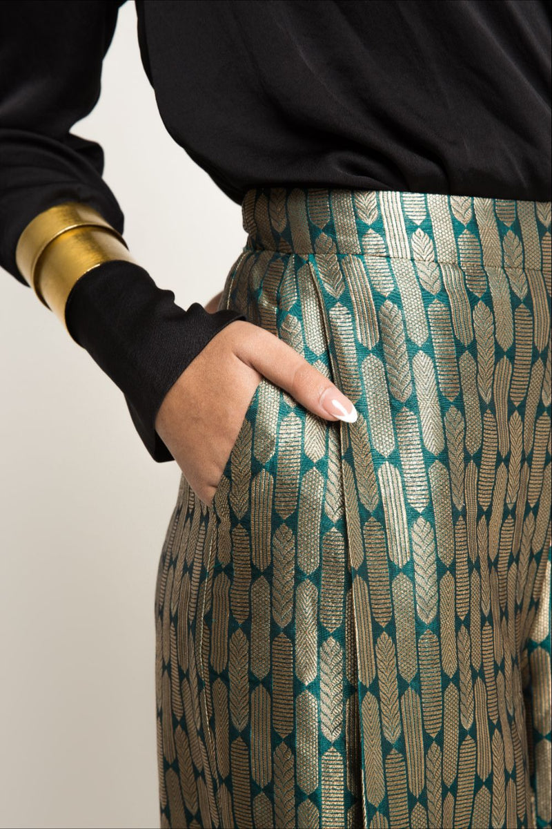 Statement Metallic Brocade Pant Set - Green Gold silk by SOBARIKO in green color for women Worldwide
