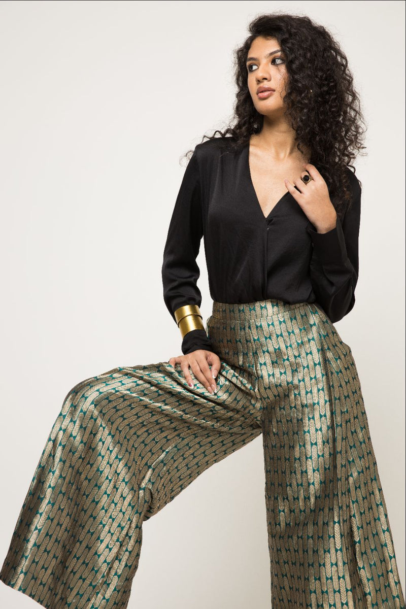 Statement Metallic Brocade Pant Set - Green Gold silk by SOBARIKO in green color for women Worldwide