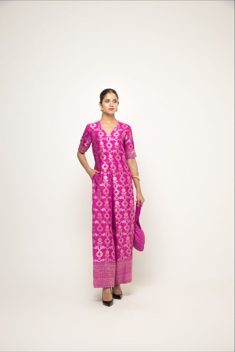 Maya- Statement Brocade Jumpsuit - Pink silk by SOBARIKO in pink color for women Worldwide