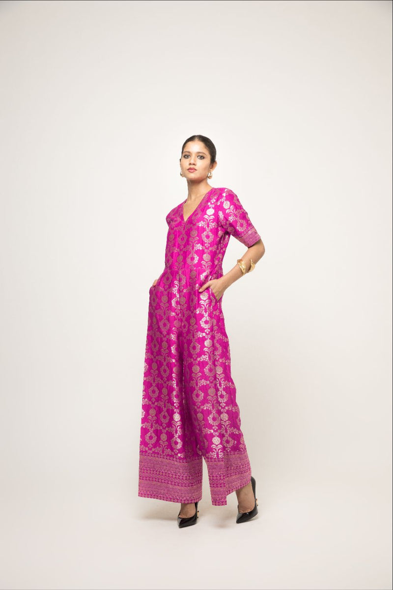 Maya- Statement Brocade Jumpsuit - Pink silk by SOBARIKO in pink color for women Worldwide