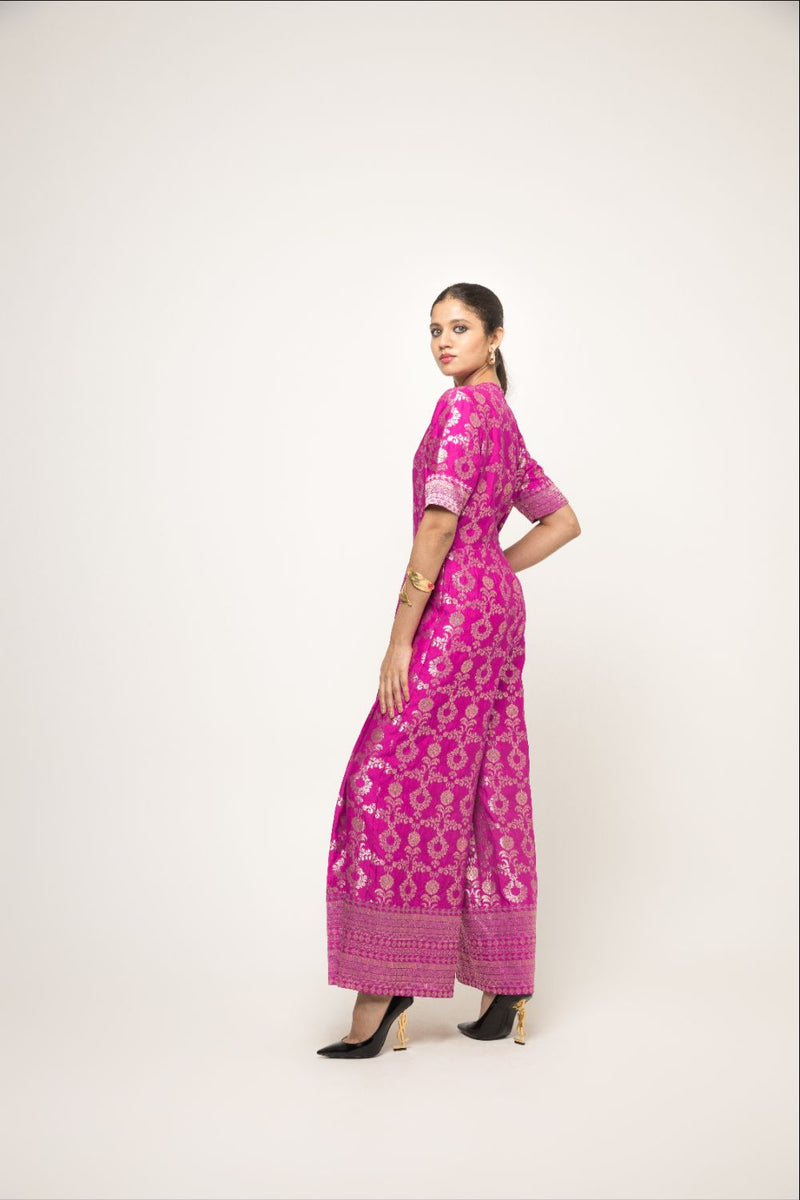 Maya- Statement Brocade Jumpsuit - Pink silk by SOBARIKO in pink color for women Worldwide
