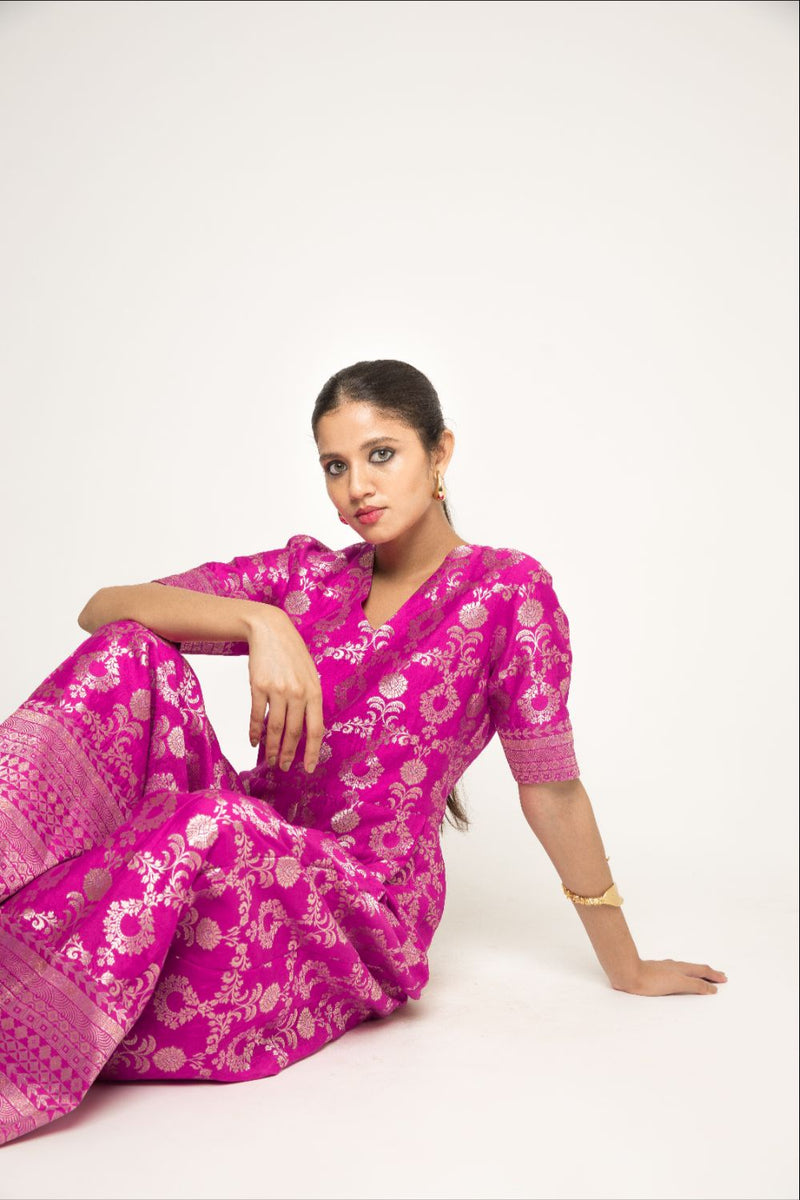 Maya- Statement Brocade Jumpsuit - Pink silk by SOBARIKO in pink color for women Worldwide