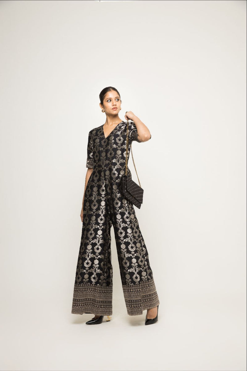 Maya- Statement Brocade Jumpsuit - Black silk by SOBARIKO in black color for women Worldwide