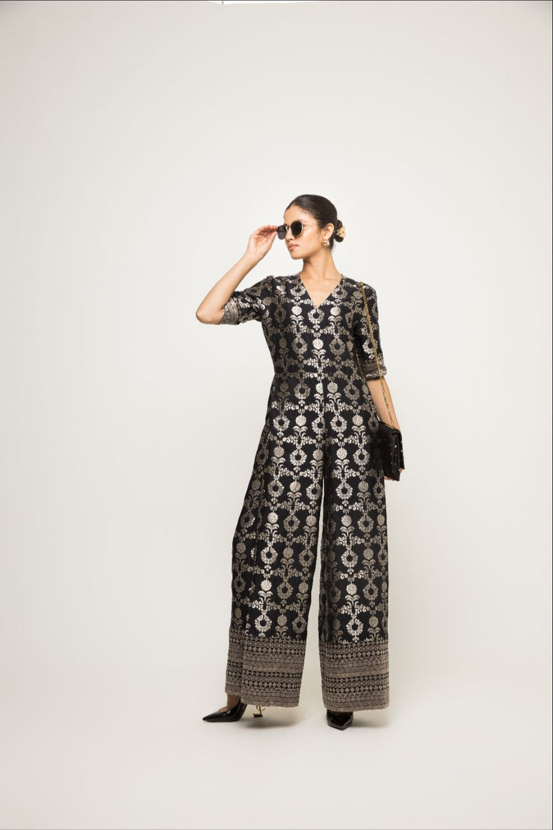 Maya- Statement Brocade Jumpsuit - Black silk by SOBARIKO in black color for women Worldwide