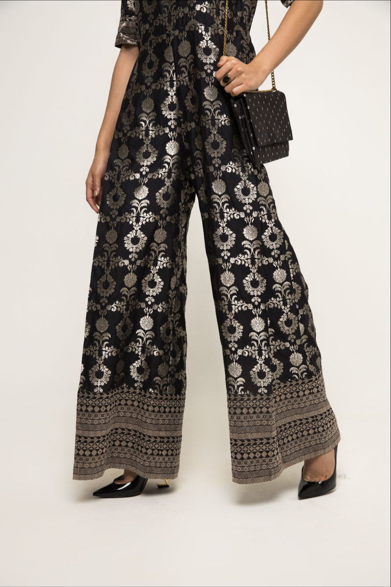 Maya- Statement Brocade Jumpsuit - Black silk by SOBARIKO in black color for women Worldwide