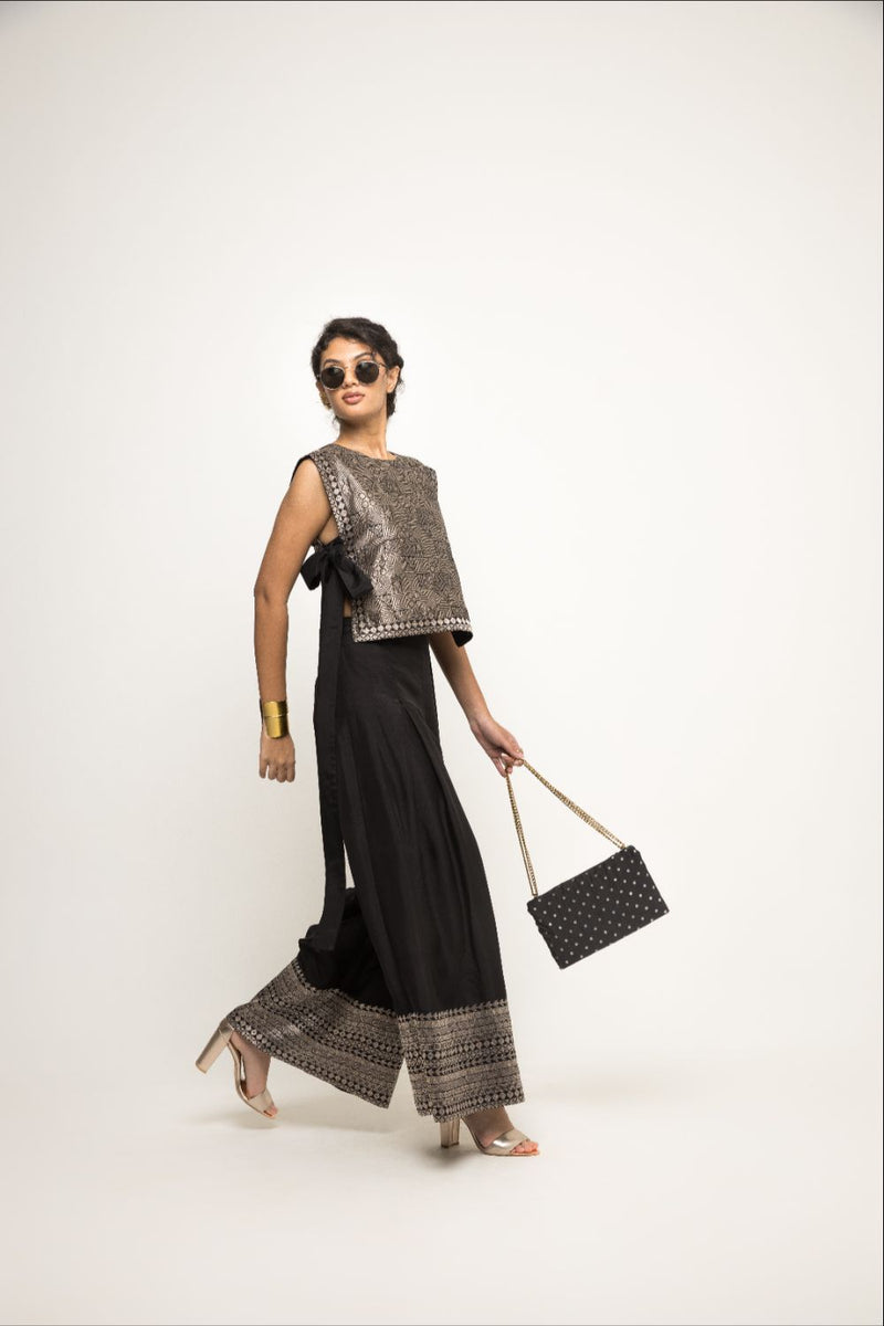 Joli- Metallic Brocade Bib With Pant Set - Black silk by SOBARIKO in black color for women Worldwide