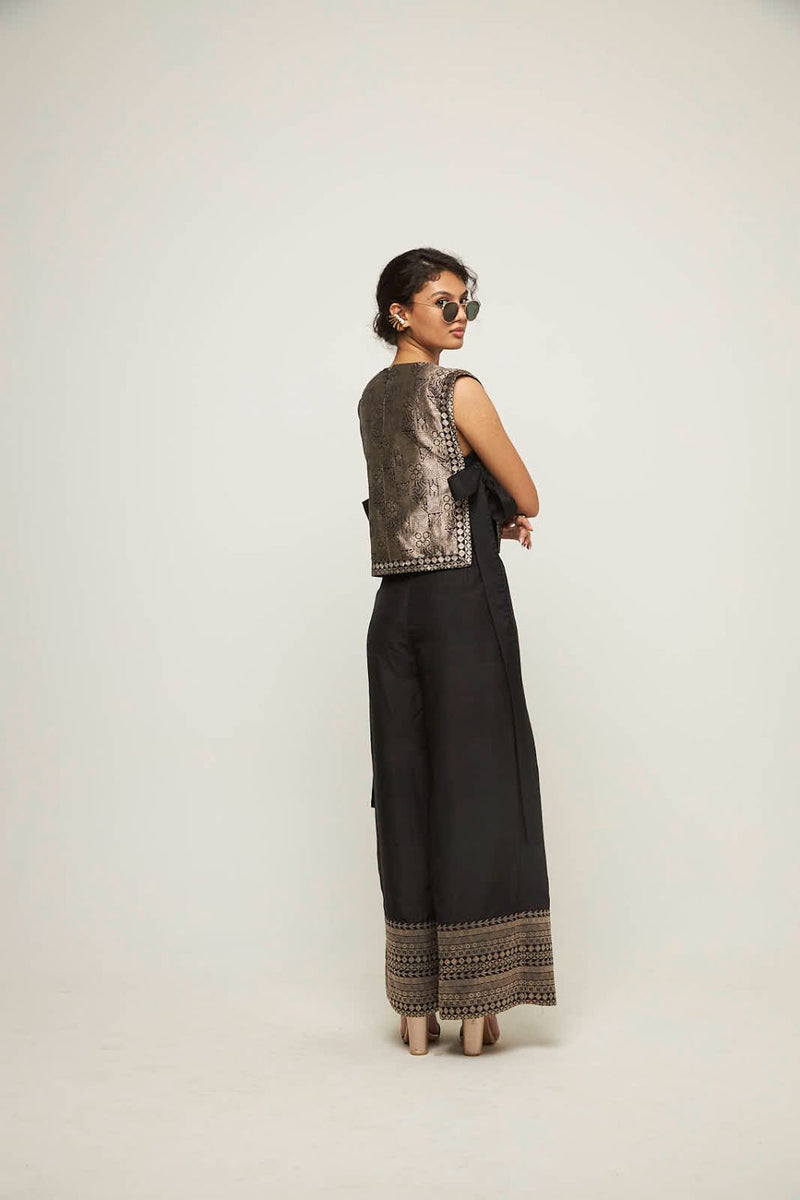 Joli- Metallic Brocade Bib With Pant Set - Black silk by SOBARIKO in black color for women Worldwide