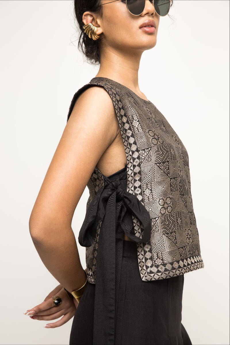 Joli- Metallic Brocade Bib With Pant Set - Black silk by SOBARIKO in black color for women Worldwide
