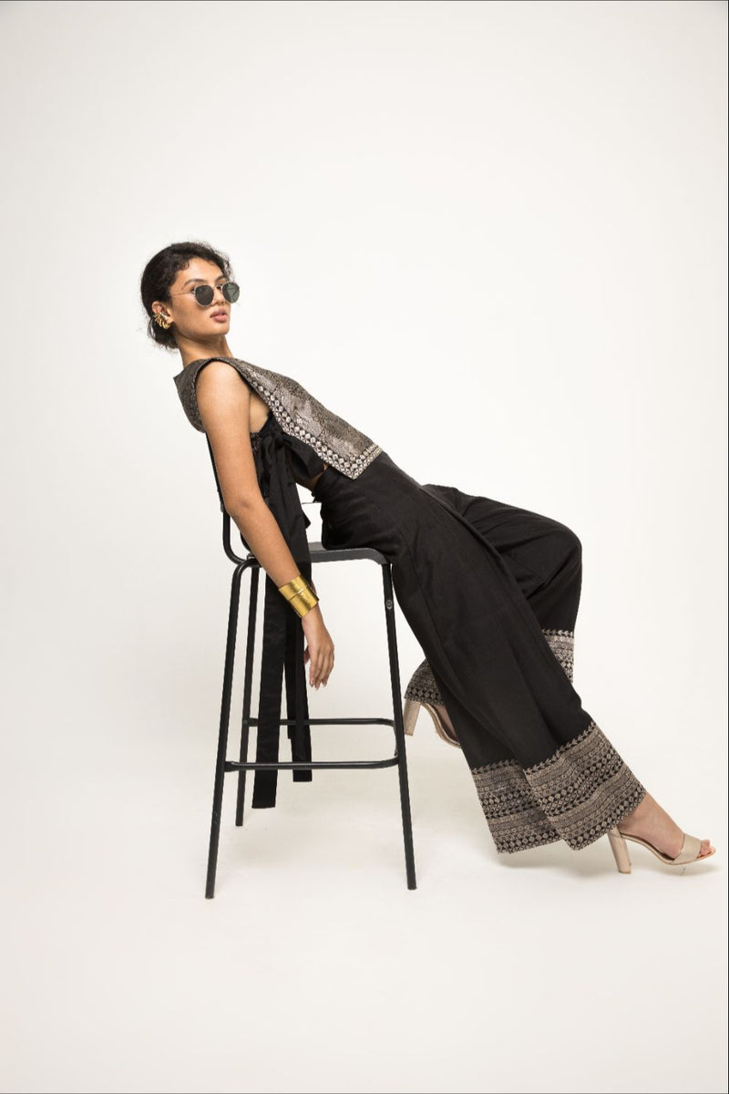 Joli- Metallic Brocade Bib With Pant Set - Black silk by SOBARIKO in black color for women Worldwide