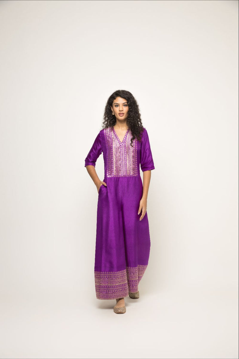 Sayra-Statement Silk Jumpsuit With Brocade Detail - Purple silk by SOBARIKO in purple color for women Worldwide