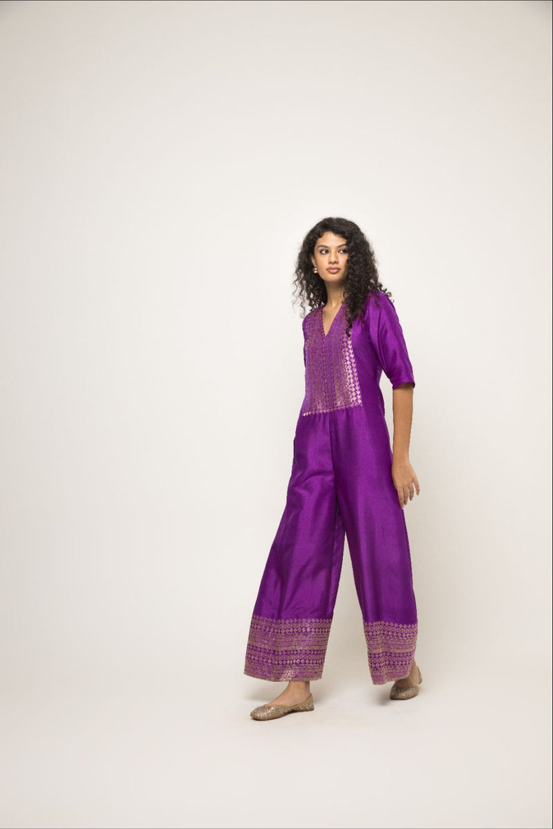 Sayra-Statement Silk Jumpsuit With Brocade Detail - Purple silk by SOBARIKO in purple color for women Worldwide