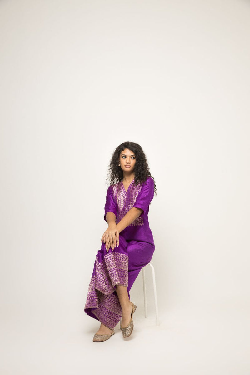 Sayra-Statement Silk Jumpsuit With Brocade Detail - Purple silk by SOBARIKO in purple color for women Worldwide