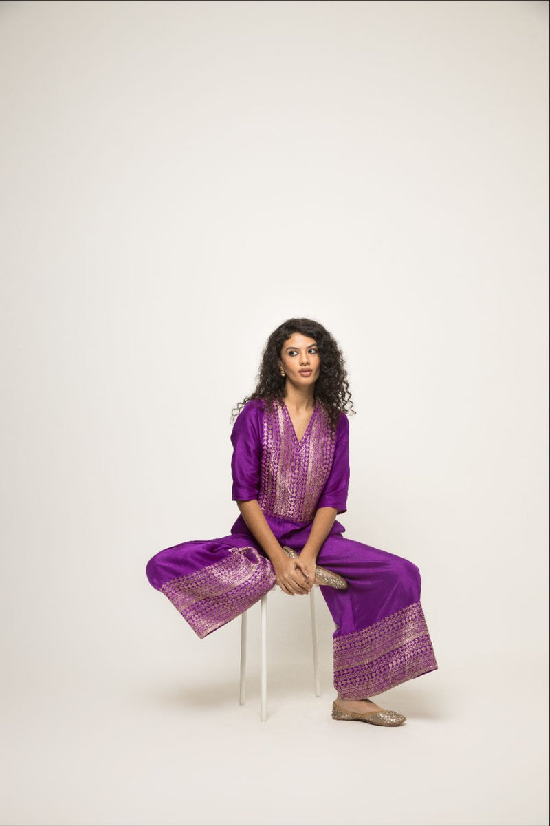 Sayra-Statement Silk Jumpsuit With Brocade Detail - Purple silk by SOBARIKO in purple color for women Worldwide