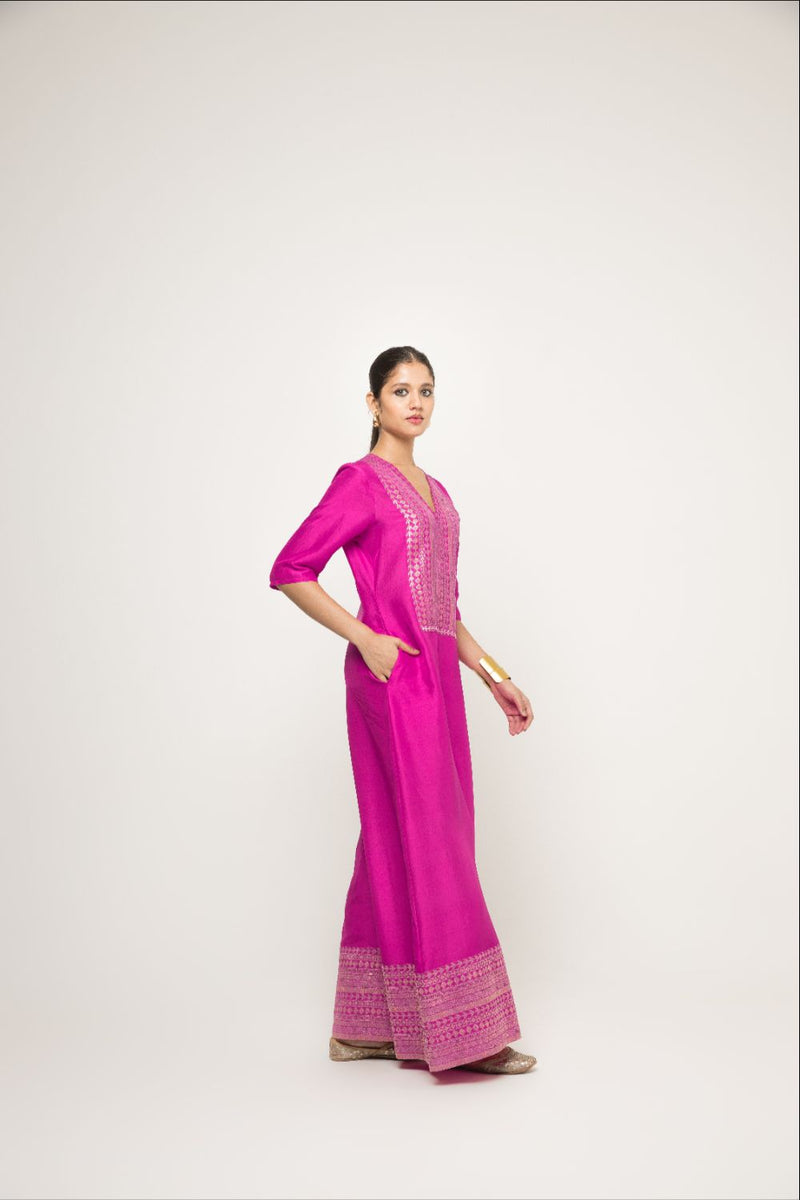 Sayra-Statement Silk Jumpsuit With Brocade Detail - Pink silk by SOBARIKO in pink color for women Worldwide