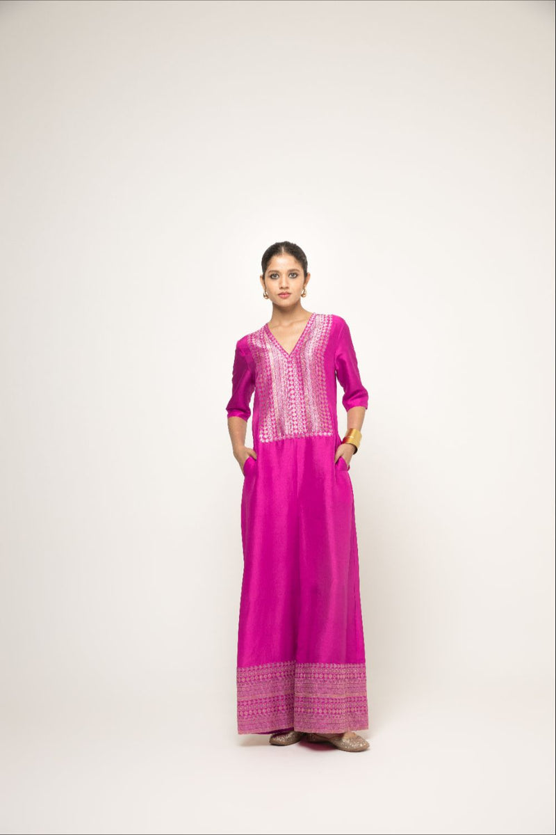Sayra-Statement Silk Jumpsuit With Brocade Detail - Pink silk by SOBARIKO in pink color for women Worldwide
