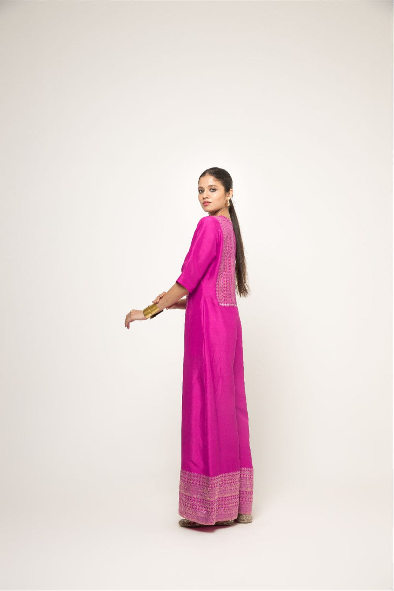 Sayra-Statement Silk Jumpsuit With Brocade Detail - Pink silk by SOBARIKO in pink color for women Worldwide