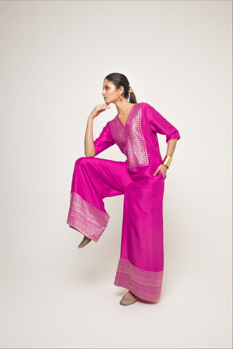 Sayra-Statement Silk Jumpsuit With Brocade Detail - Pink silk by SOBARIKO in pink color for women Worldwide