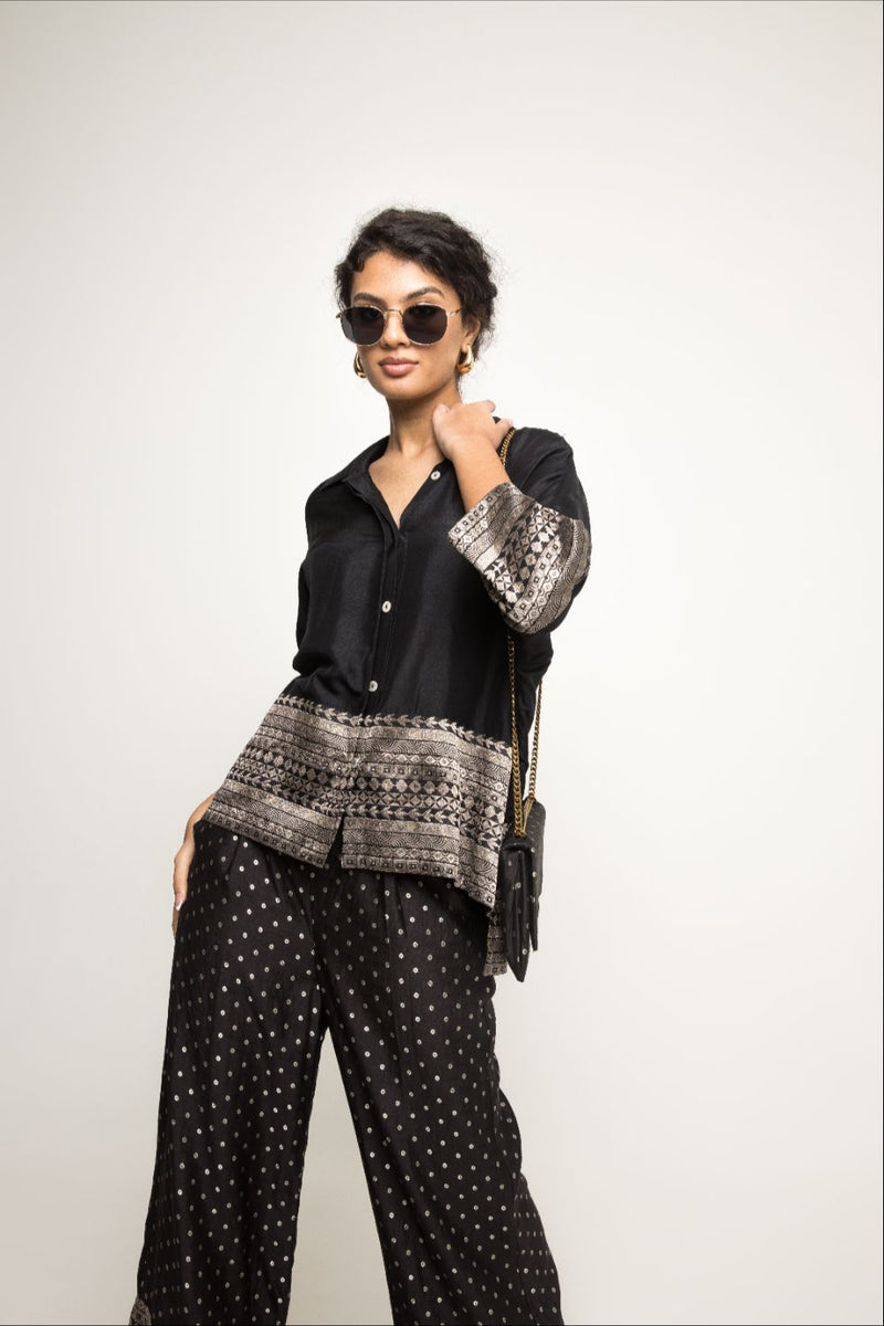 Jeha- Silk Shirt With Broacde Detail Paired With Statement Brocade Pants - Black silk by SOBARIKO in black color for women Worldwide