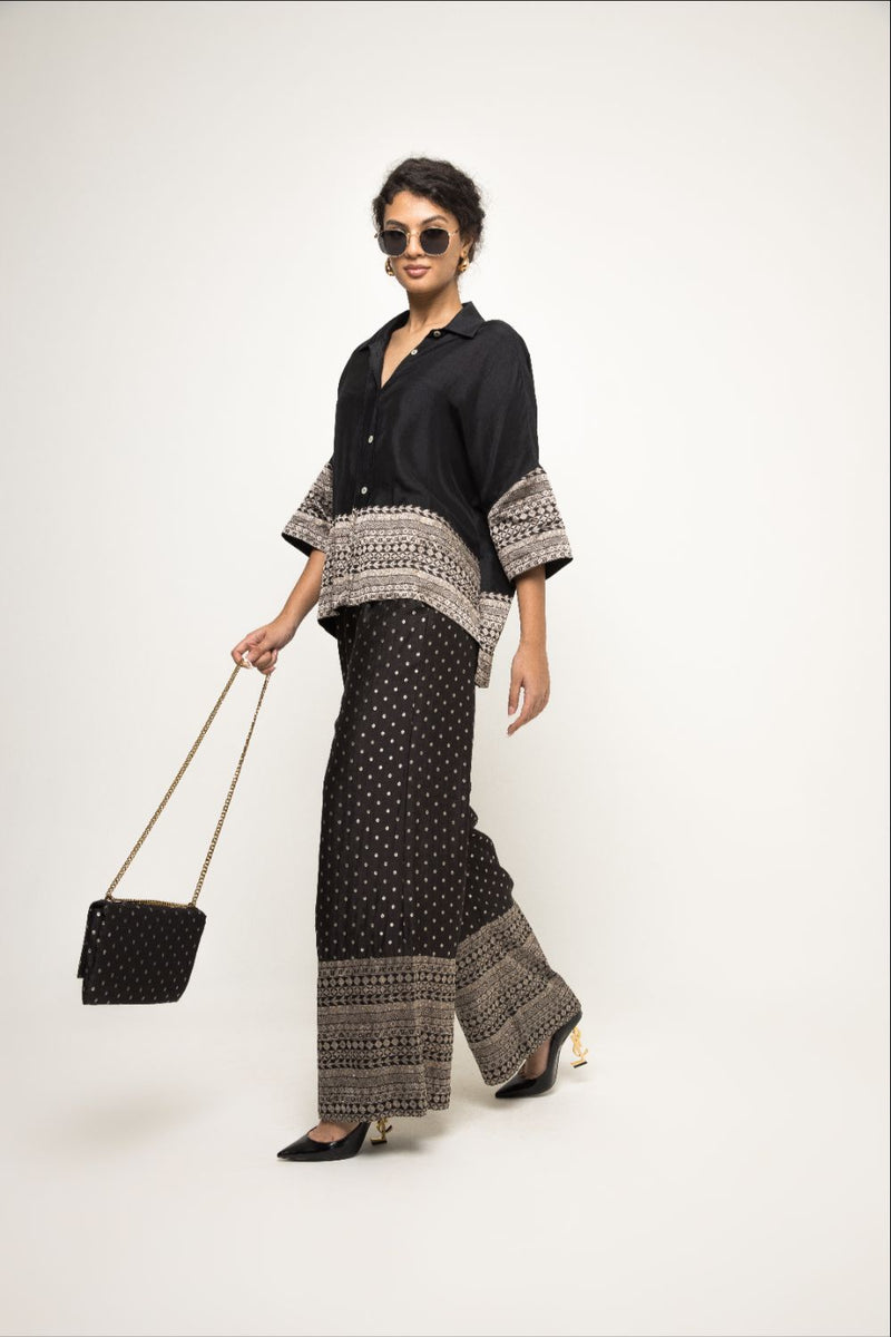 Jeha- Silk Shirt With Broacde Detail Paired With Statement Brocade Pants - Black silk by SOBARIKO in black color for women Worldwide