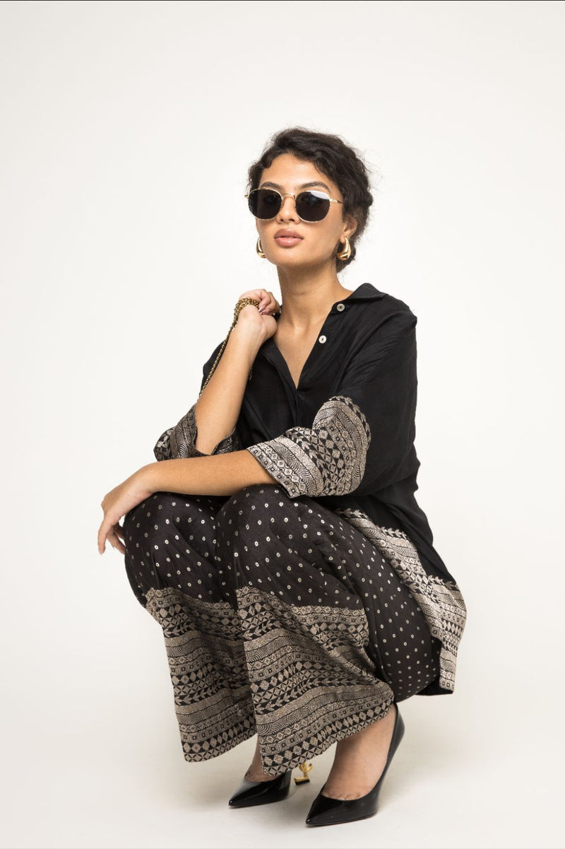 Jeha- Silk Shirt With Broacde Detail Paired With Statement Brocade Pants - Black silk by SOBARIKO in black color for women Worldwide