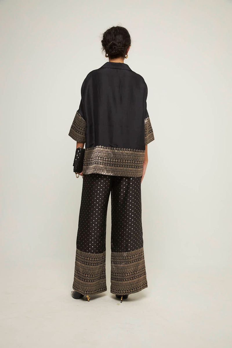 Jeha- Silk Shirt With Broacde Detail Paired With Statement Brocade Pants - Black silk by SOBARIKO in black color for women Worldwide