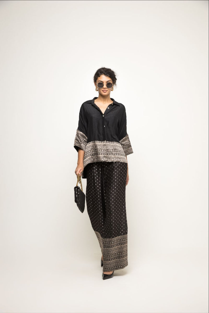 Jeha- Silk Shirt With Broacde Detail Paired With Statement Brocade Pants - Black silk by SOBARIKO in black color for women Worldwide