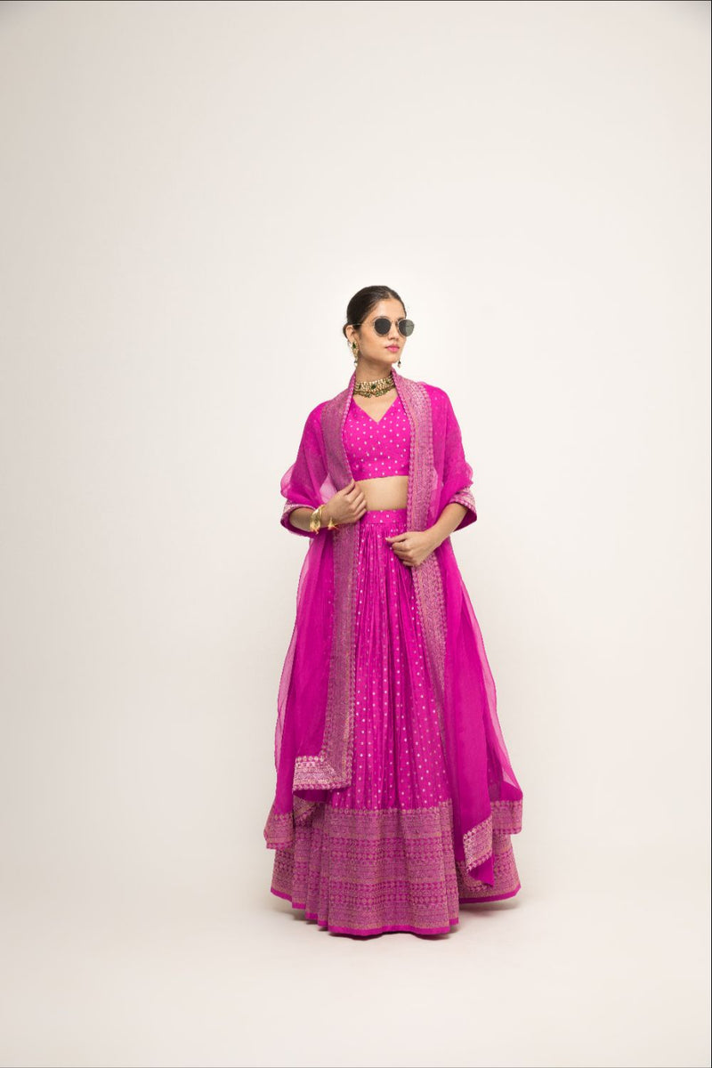 Fuschia Pink Dotted Broacde Lehenga Set - Pink silk by SOBARIKO in pink color for women Worldwide