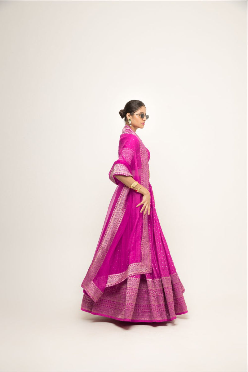Fuschia Pink Dotted Broacde Lehenga Set - Pink silk by SOBARIKO in pink color for women Worldwide