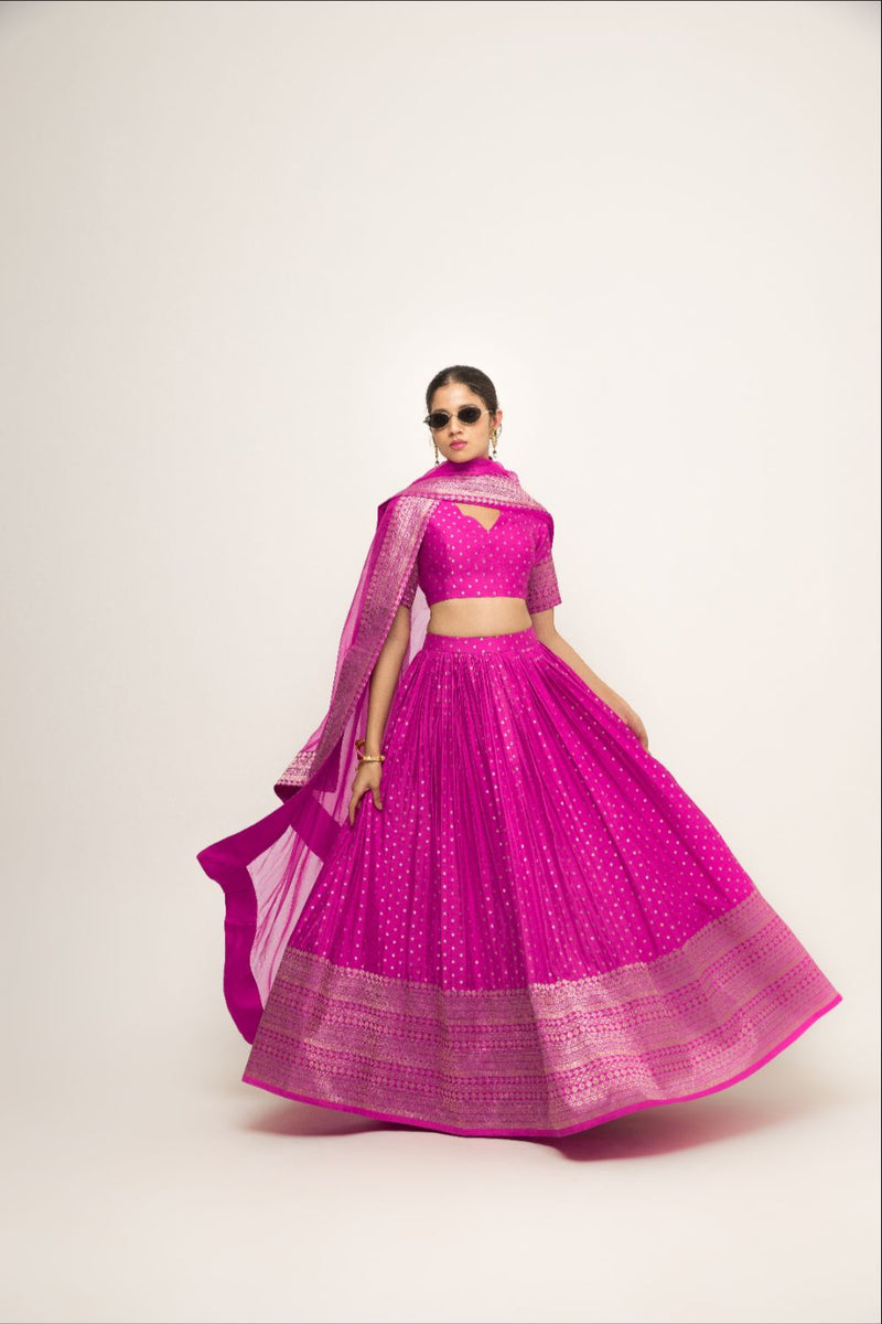 Fuschia Pink Dotted Broacde Lehenga Set - Pink silk by SOBARIKO in pink color for women Worldwide