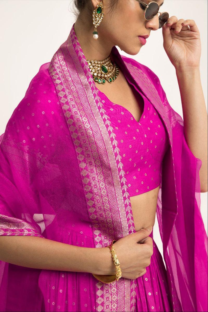 Fuschia Pink Dotted Broacde Lehenga Set - Pink silk by SOBARIKO in pink color for women Worldwide