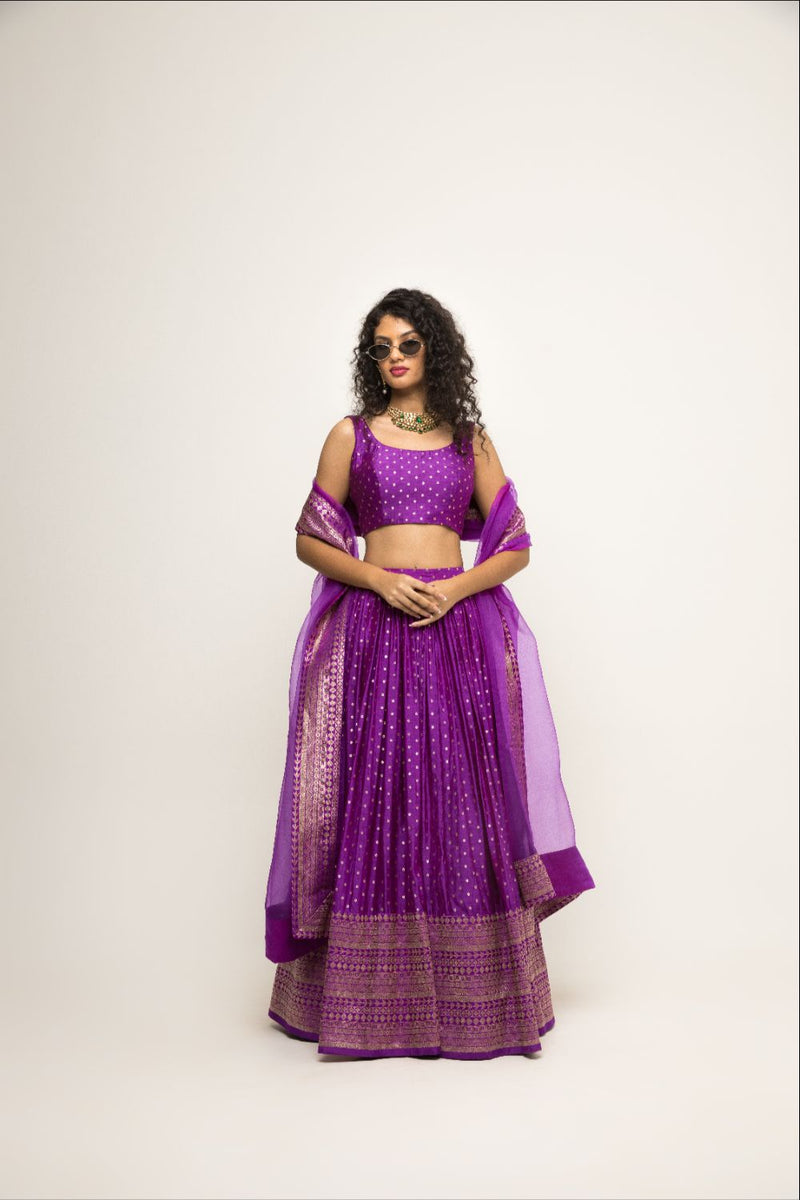Purple Dotted Broacde Lehenga Set - Purple silk by SOBARIKO in purple color for women Worldwide
