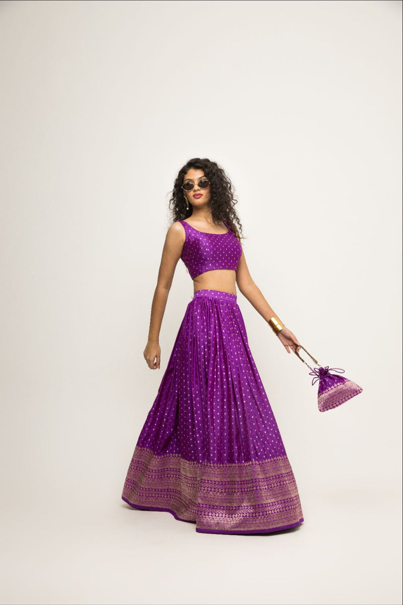 Purple Dotted Broacde Lehenga Set - Purple silk by SOBARIKO in purple color for women Worldwide